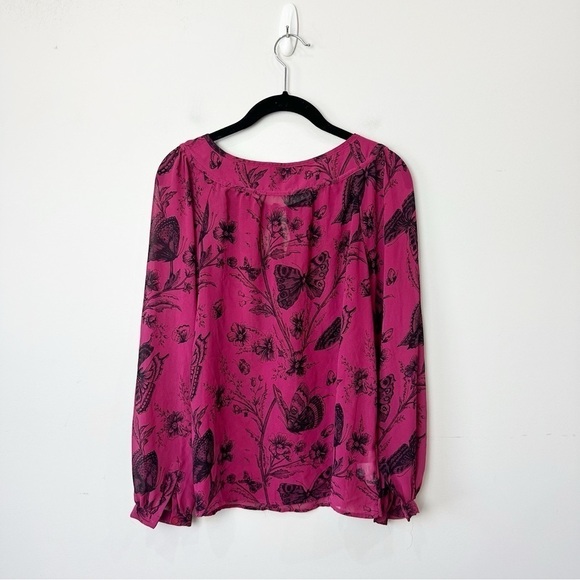 Loft Butterfly Print Magenta Pink Sheer Blouse Neck Tie - Picture 2 of 5